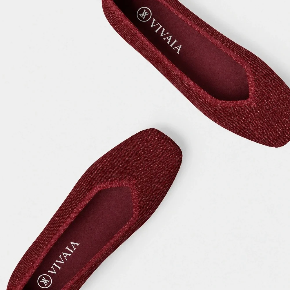 Vivaia Margot 2.0 Sparkle Burgundy Square Toe Knit Flats EU 39 Us 8
